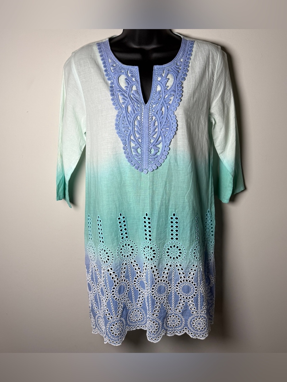 Maude Vivante Ombre Linen Tunic Dress Eyelet Border Embroidered Neckline Small